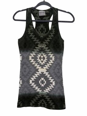 Be Vocal Army Green Black Grey Native Print Embellished Racerback Tank Top- Med